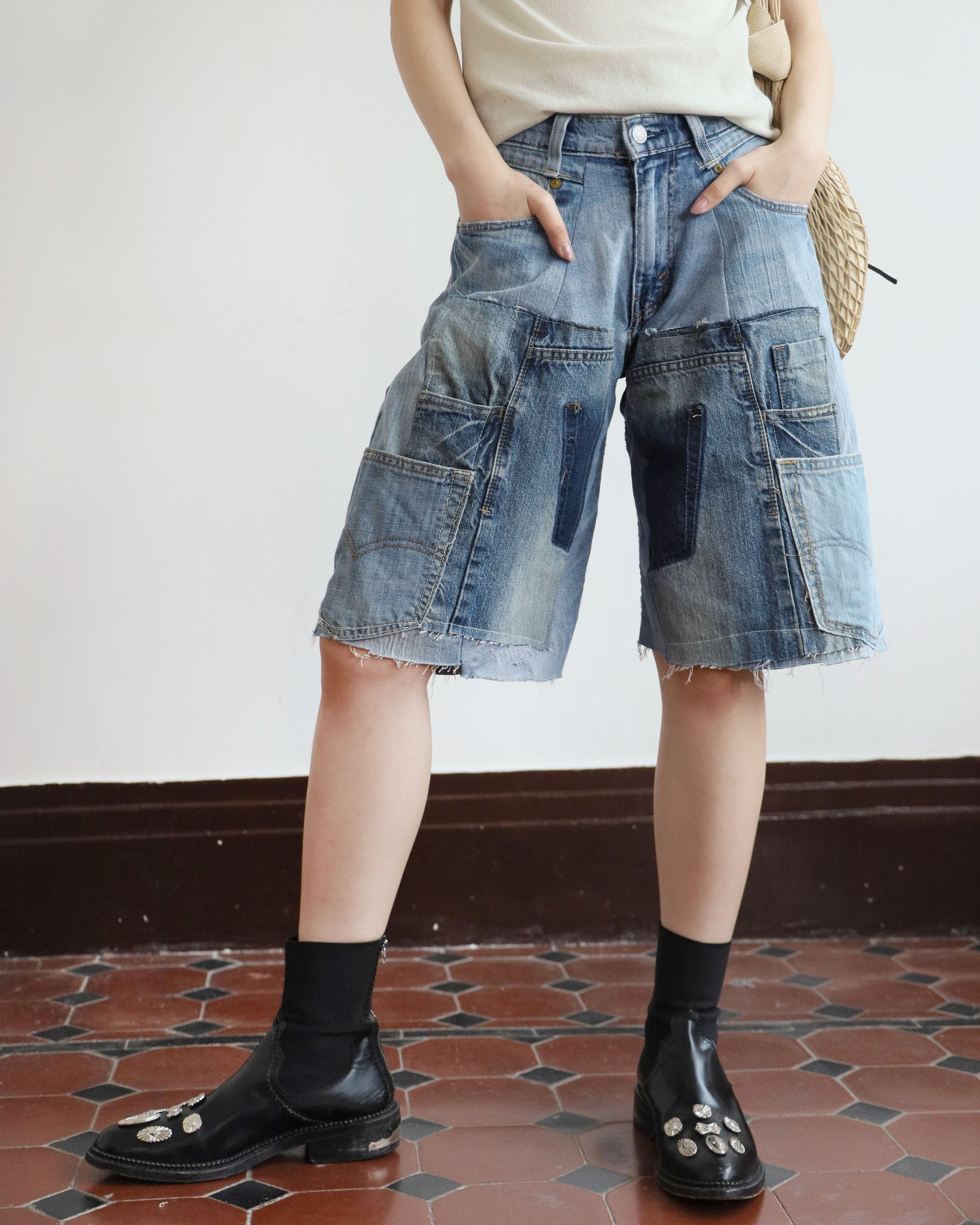 Upcycle Patchwork Denim Shorts (waist 27")