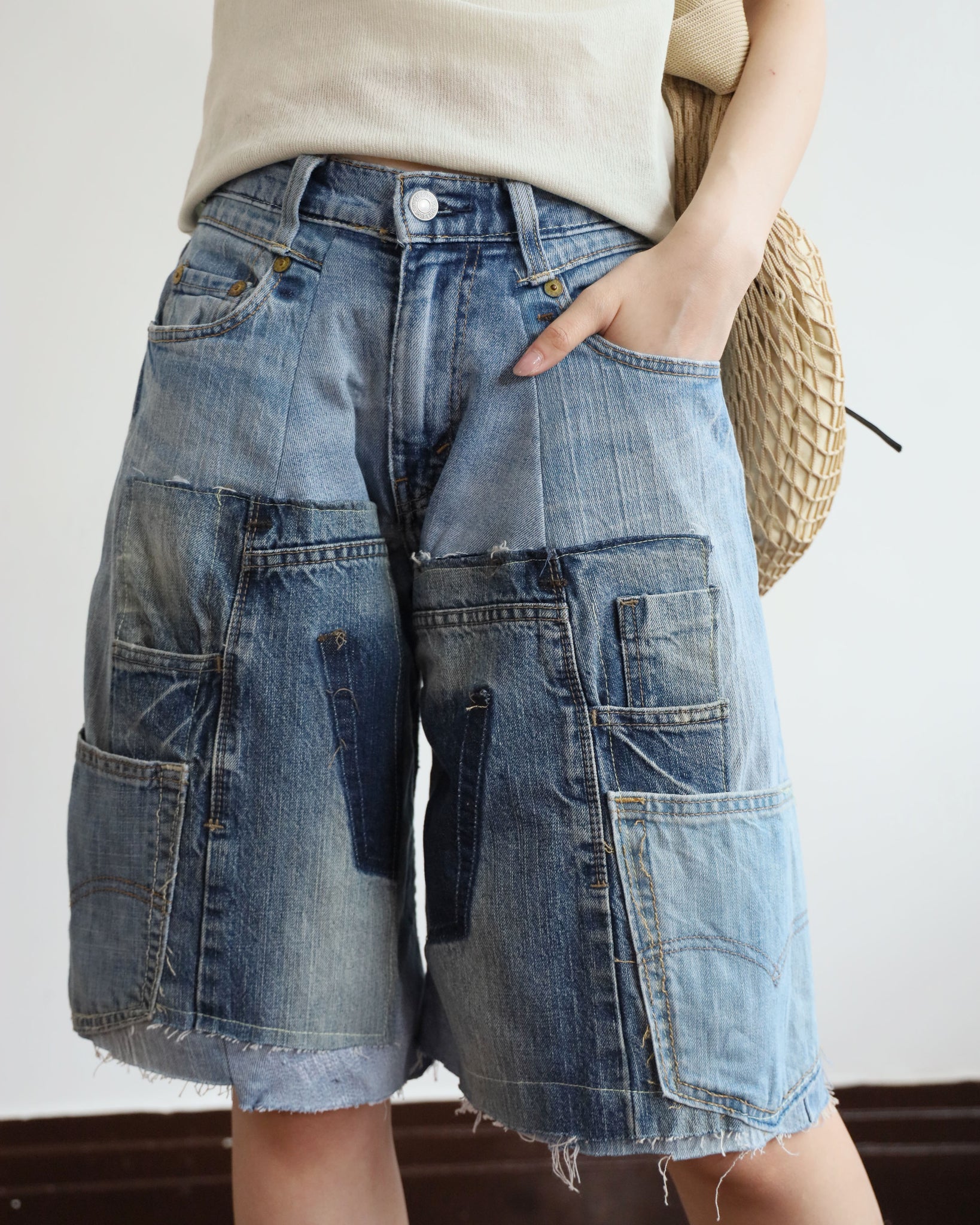 Upcycle Patchwork Denim Shorts (waist 27")