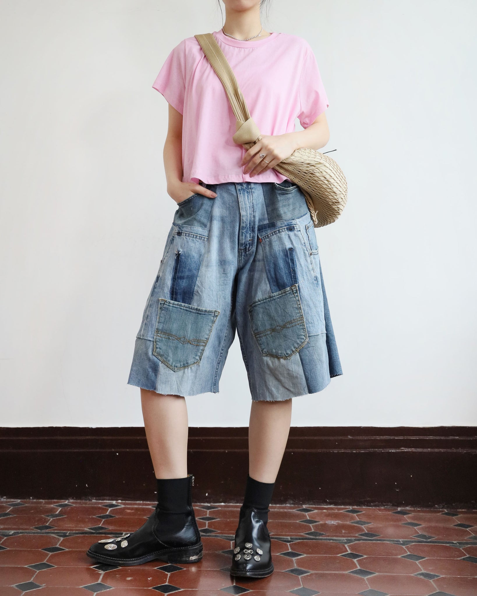 Upcycle Patchwork Denim Shorts (waist 33" )
