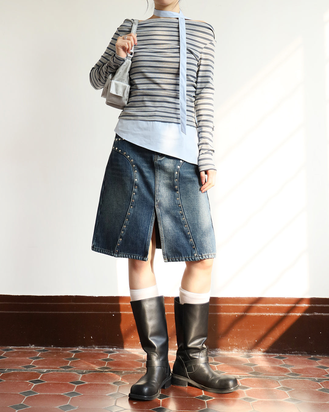 Studded Midi Denim Skirt (Size M)