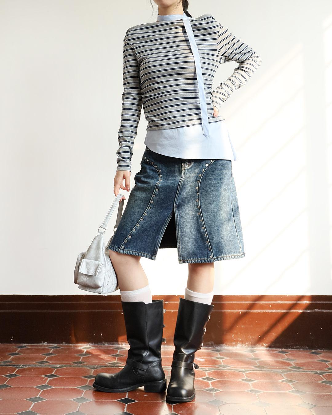 Studded Midi Denim Skirt (Size M)