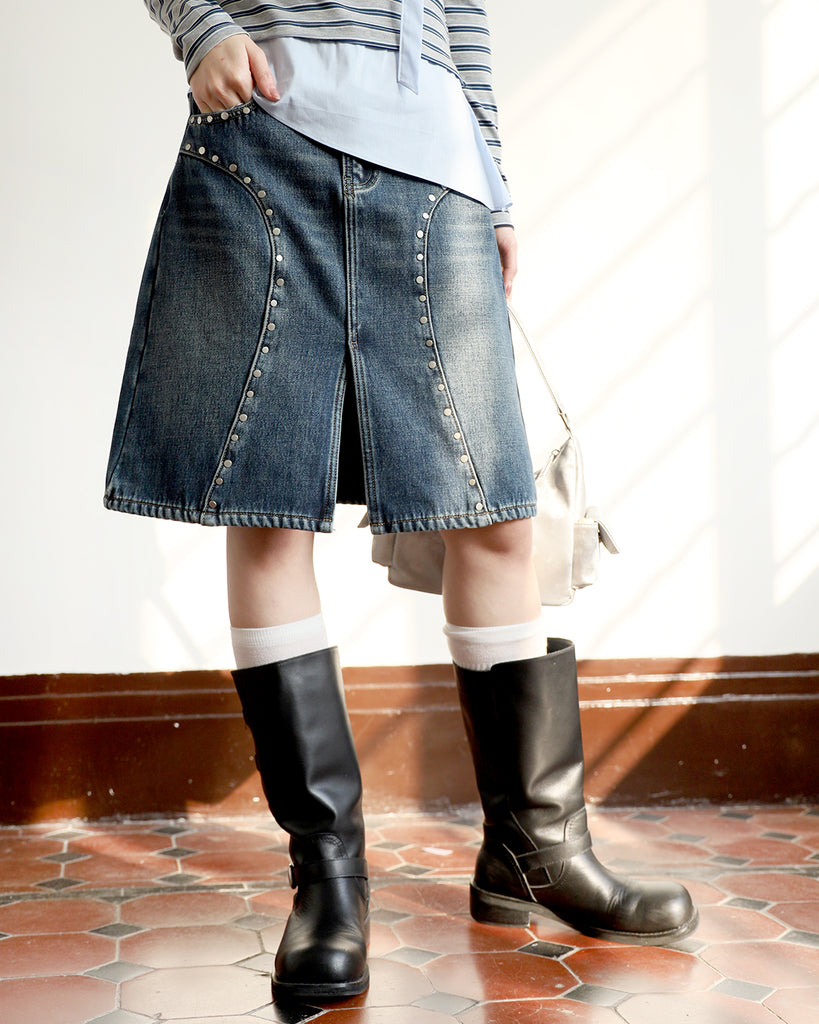 Studded Midi Denim Skirt (Size M)