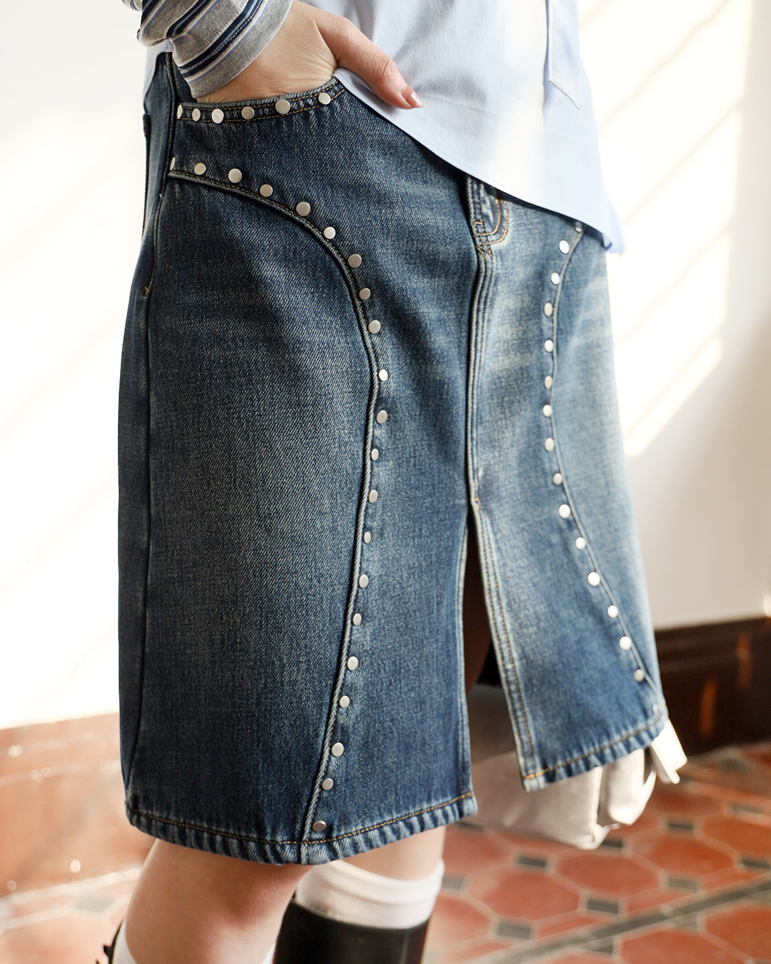 Studded Midi Denim Skirt (Size M)
