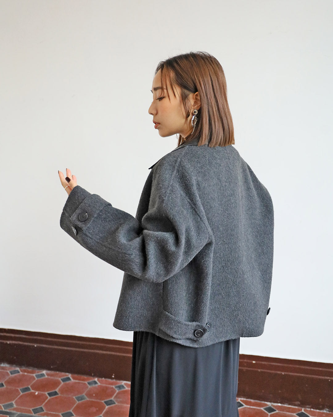 Collarless Wool Jacket w/ Removable Leather Layer