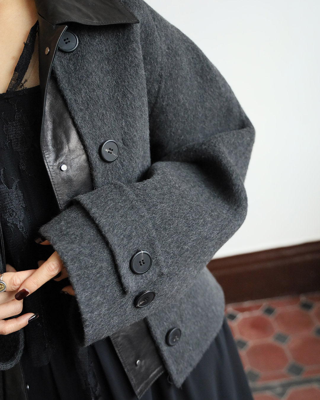 Collarless Wool Jacket w/ Removable Leather Layer