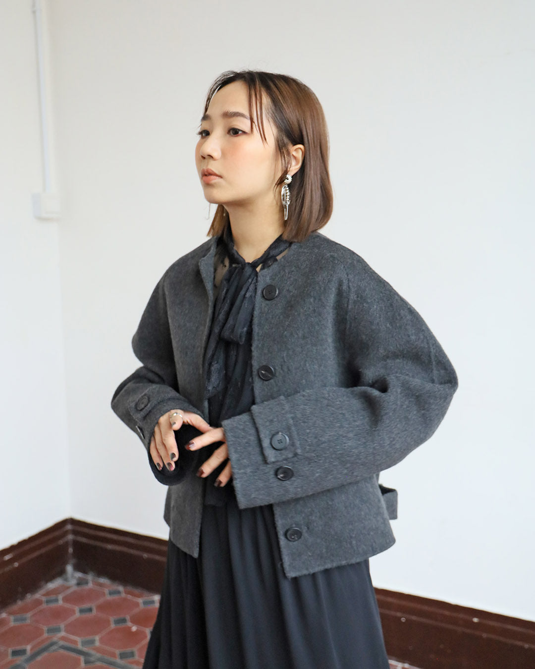 Collarless Wool Jacket w/ Removable Leather Layer (2 color)