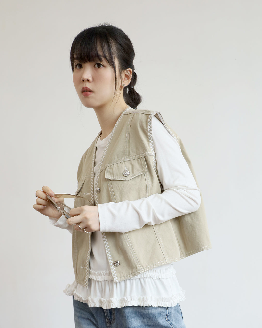 Contrast Stitch Front Pockets Vest