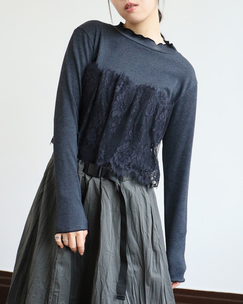 JAPAN BRAND Lace Insert Ribbed Top