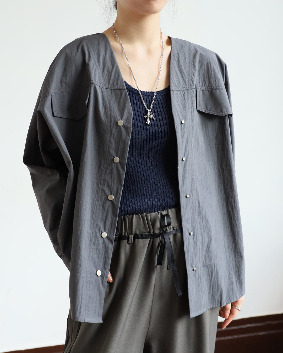 Collarless Shirt Jacket (2 color)