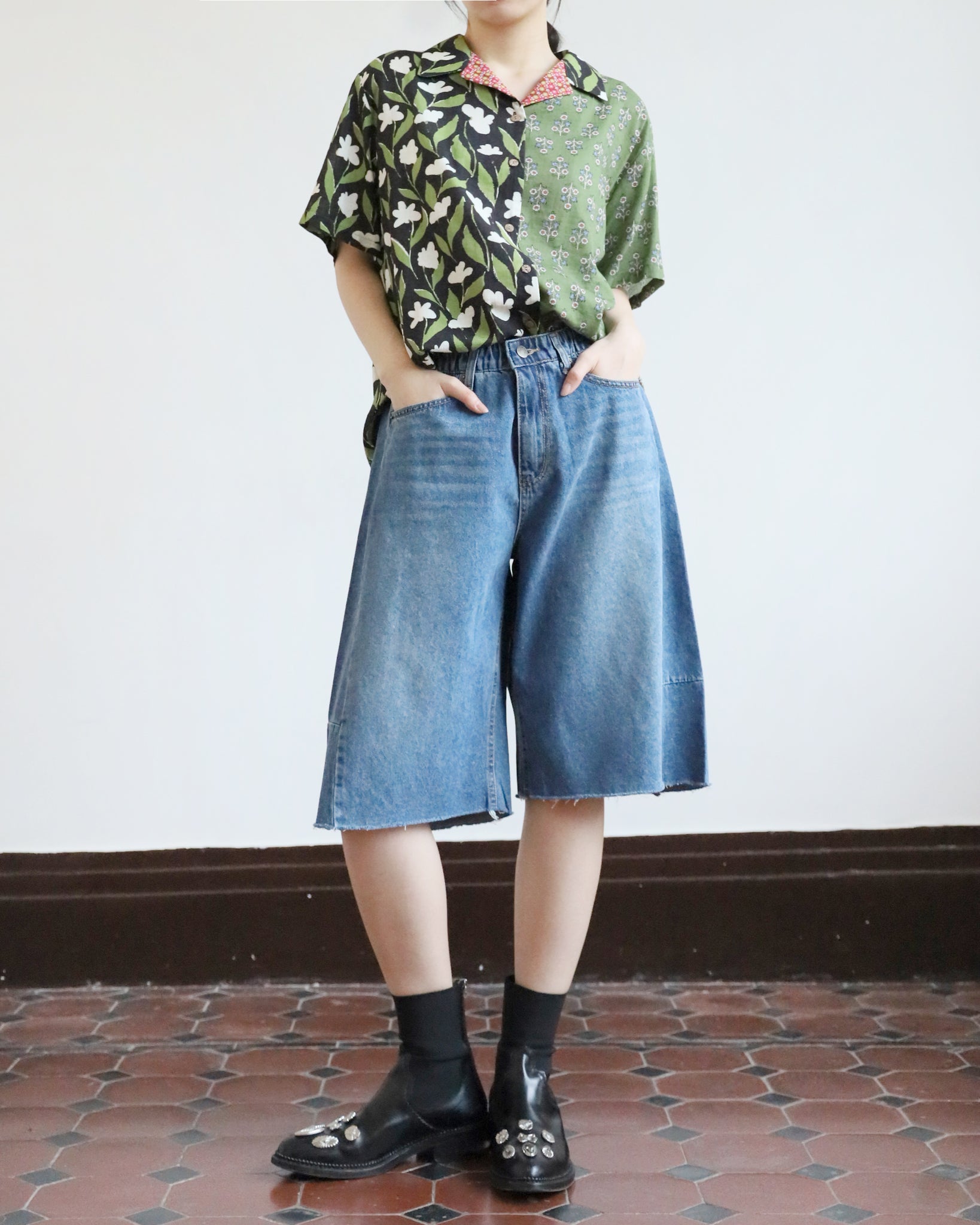 Mix Fabric Revere Collar Shirt