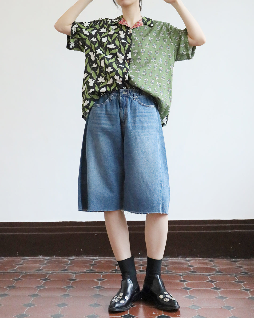 Mix Fabric Revere Collar Shirt