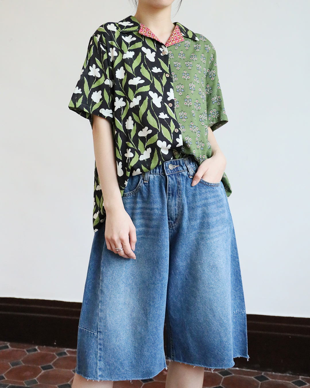 Mix Fabric Revere Collar Shirt