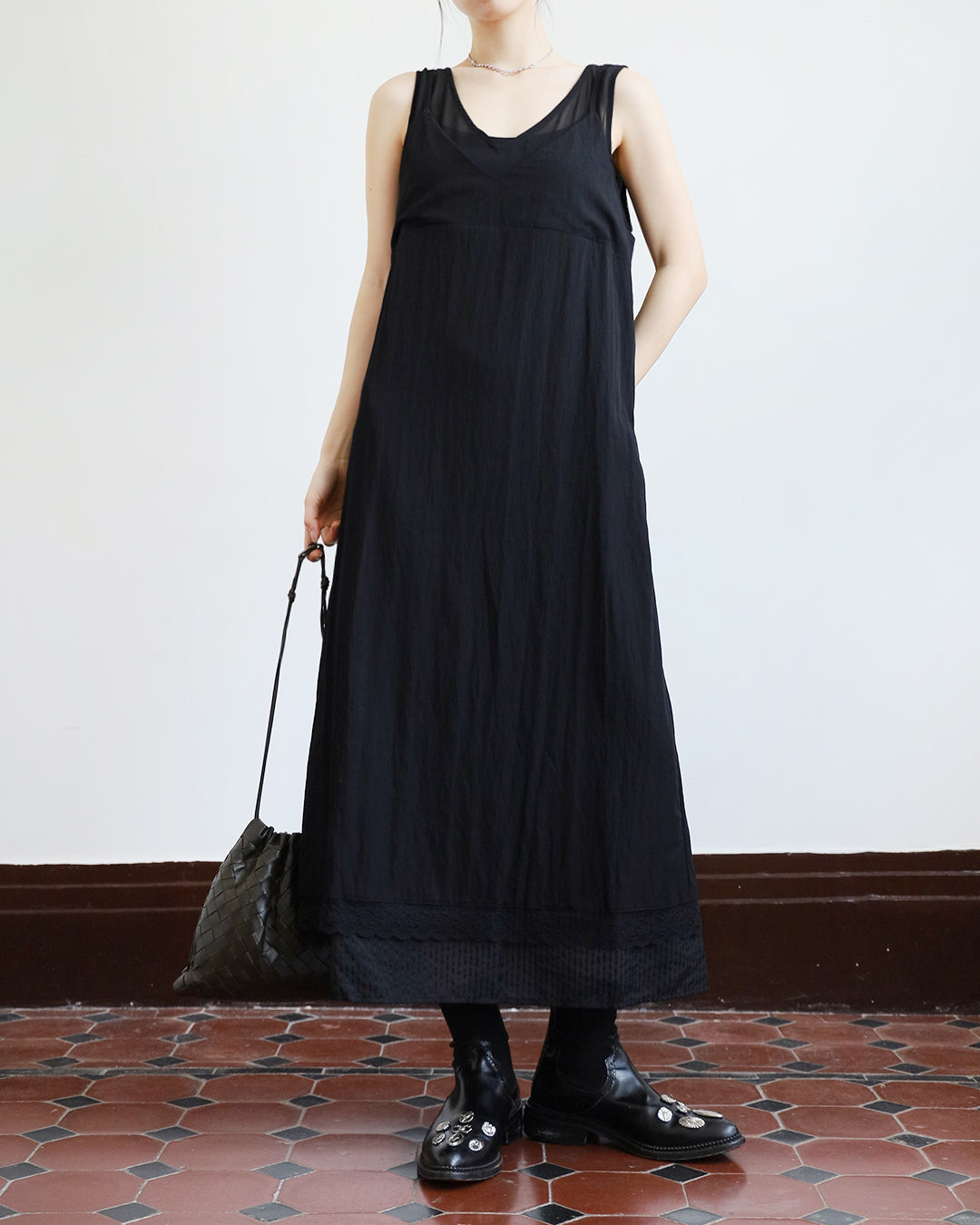 Chiffon-Spliced Lace Trim Tank Dress