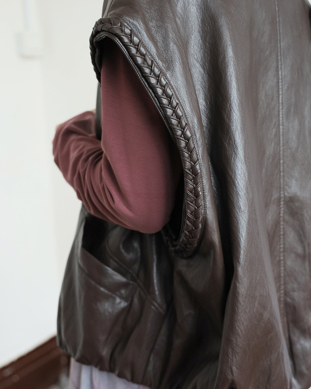 Braid Trim Faux Leather Vest (2 color)