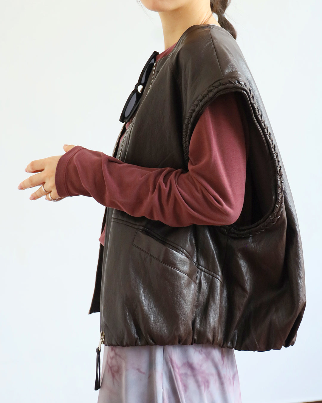 Braid Trim Faux Leather Vest (2 color)