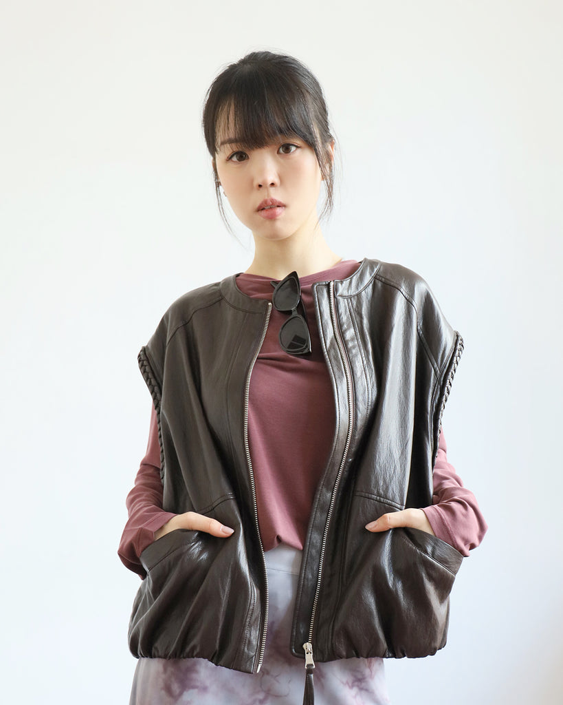 Braid Trim Faux Leather Vest (2 color)