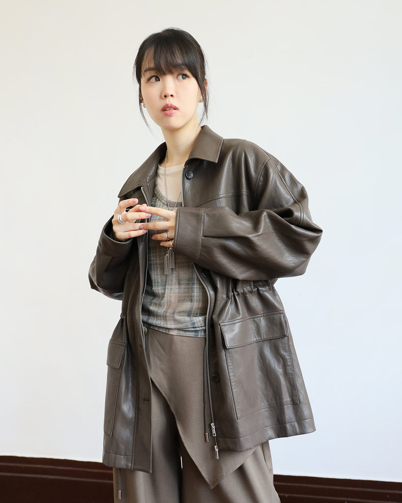Faux Leather Drawstring Jacket (2 color)