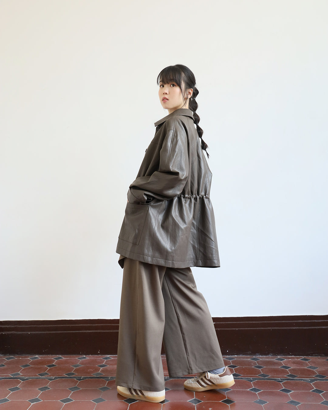 Faux Leather Drawstring Jacket (2 color)