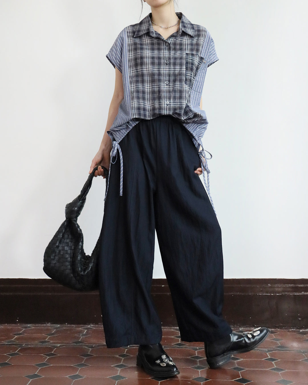 Stripe & Checker Drawstring Top