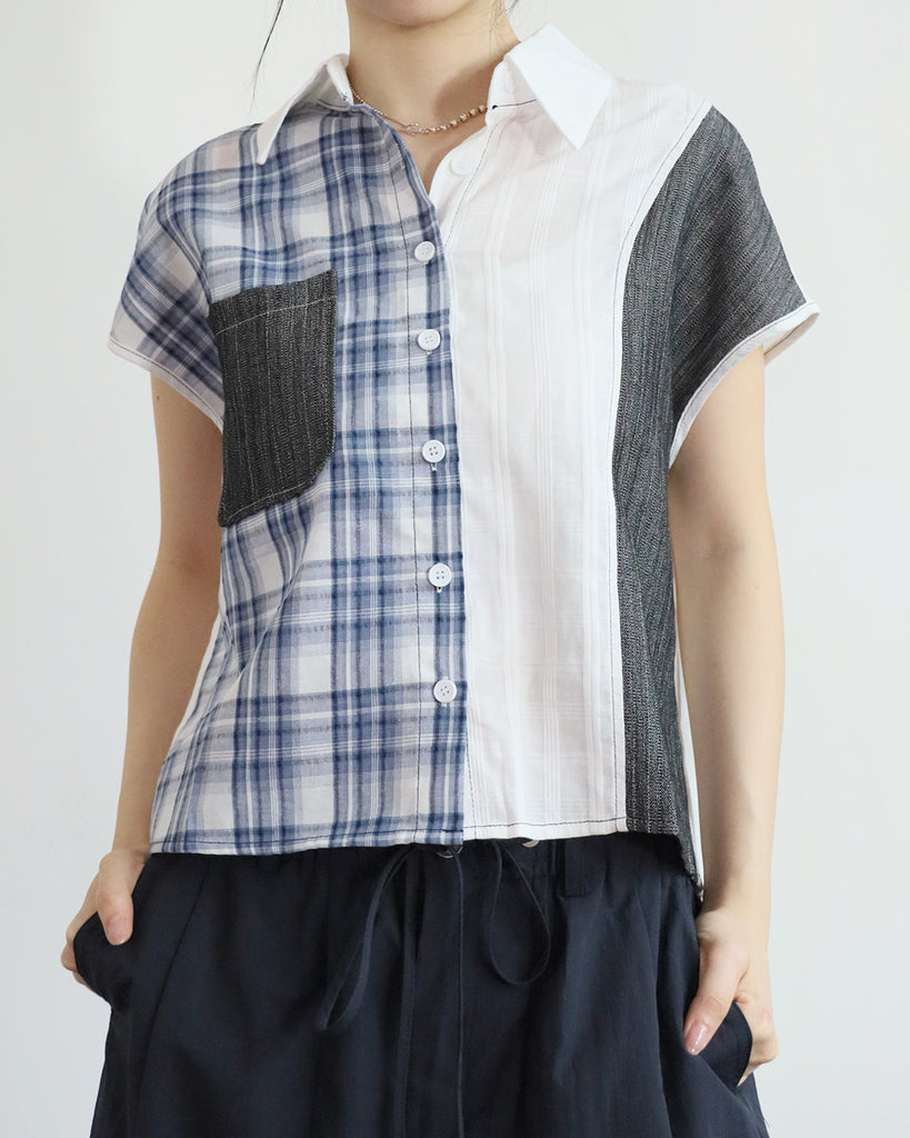Mix Fabric Checker Shirt (2 Colors)