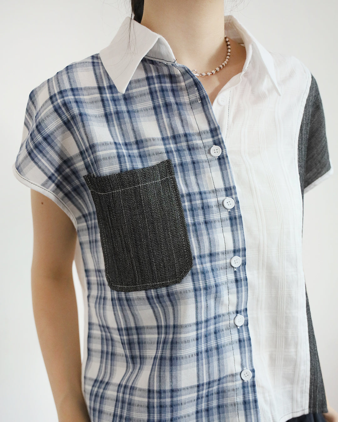 Mix Fabric Checker Shirt (2 Colors)