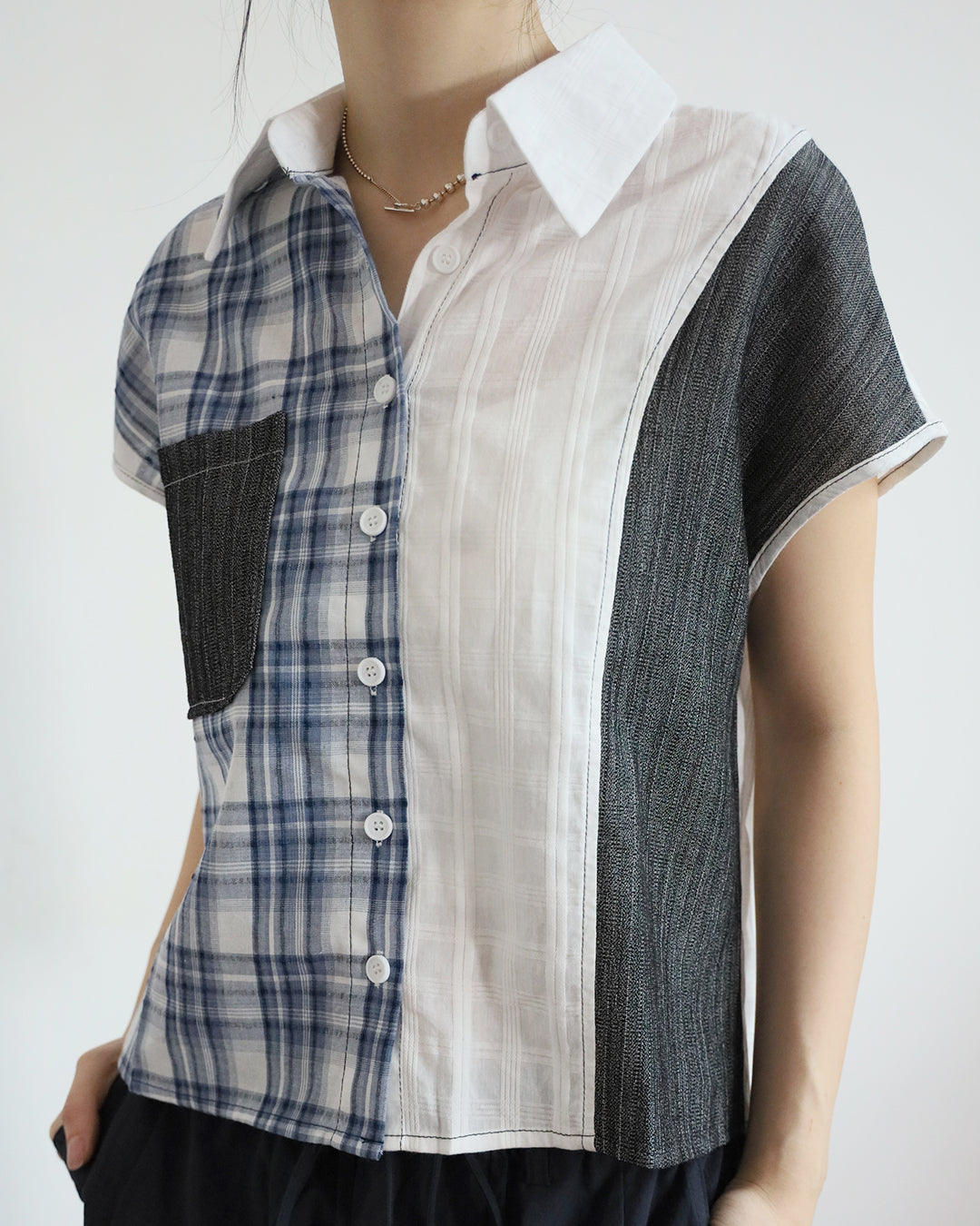 Mix Fabric Checker Shirt (2 Colors)