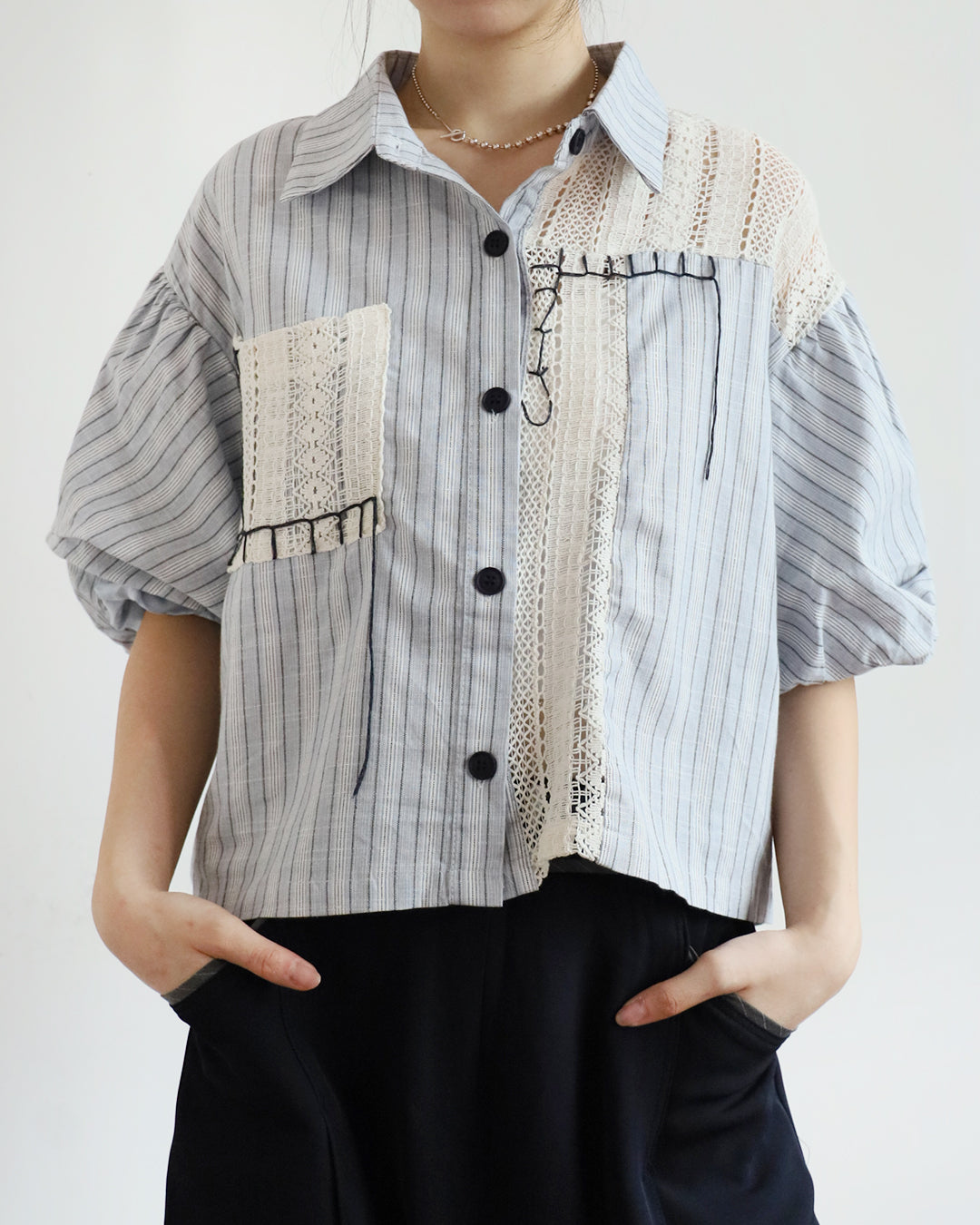 Contrast Stitch Striped Shirt w/ Lace Patchwork (2 Colors)