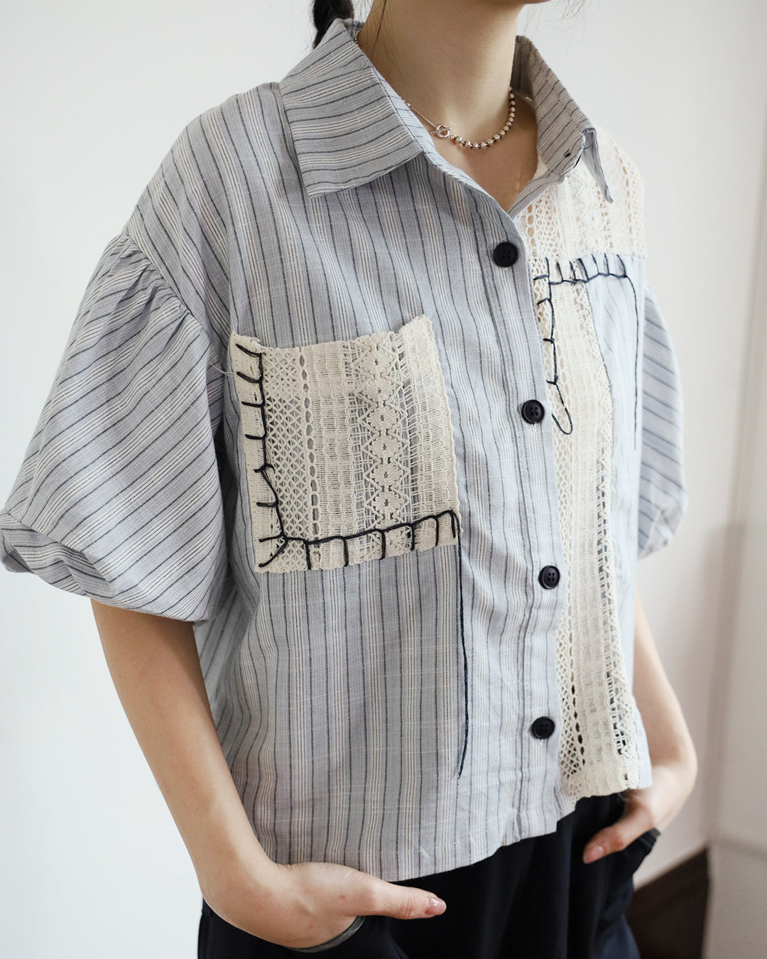 Contrast Stitch Striped Shirt w/ Lace Patchwork (2 Colors)