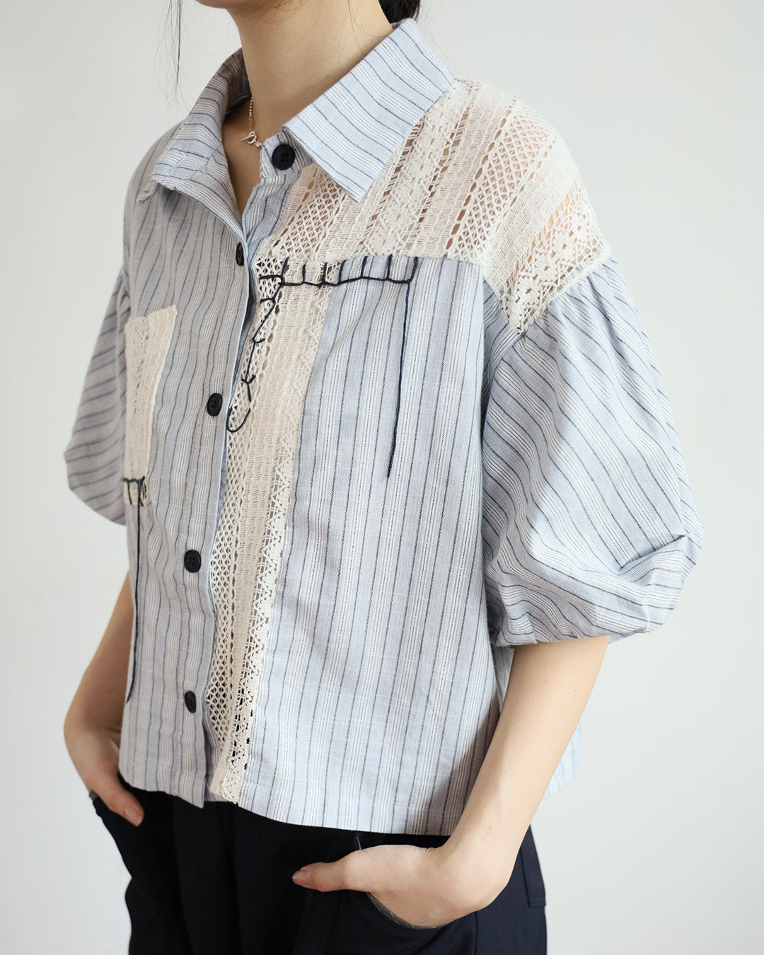 Contrast Stitch Striped Shirt w/ Lace Patchwork (2 Colors)