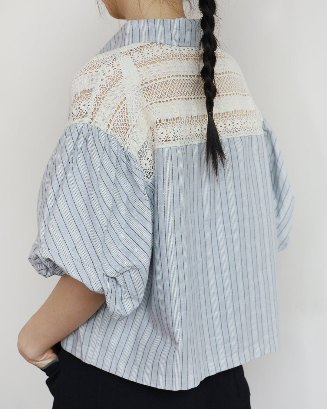 Contrast Stitch Striped Shirt w/ Lace Patchwork (2 Colors)