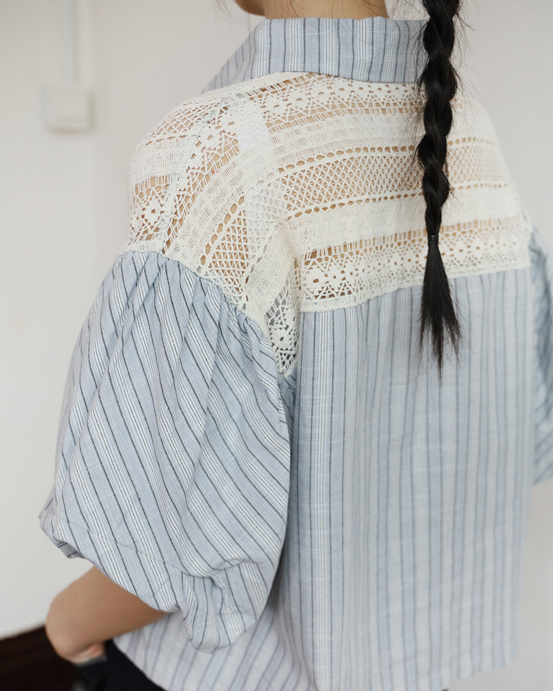 Contrast Stitch Striped Shirt w/ Lace Patchwork (2 Colors)