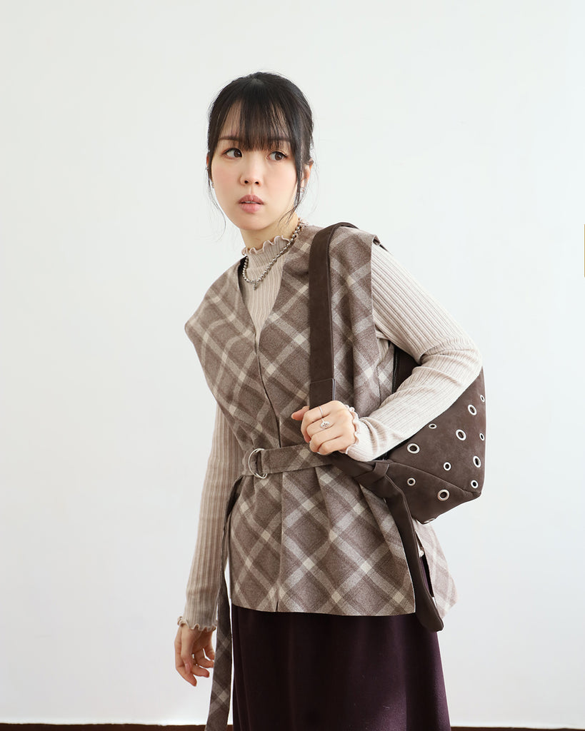 V-Neck Checker Vest w/ Belt (2 colors)