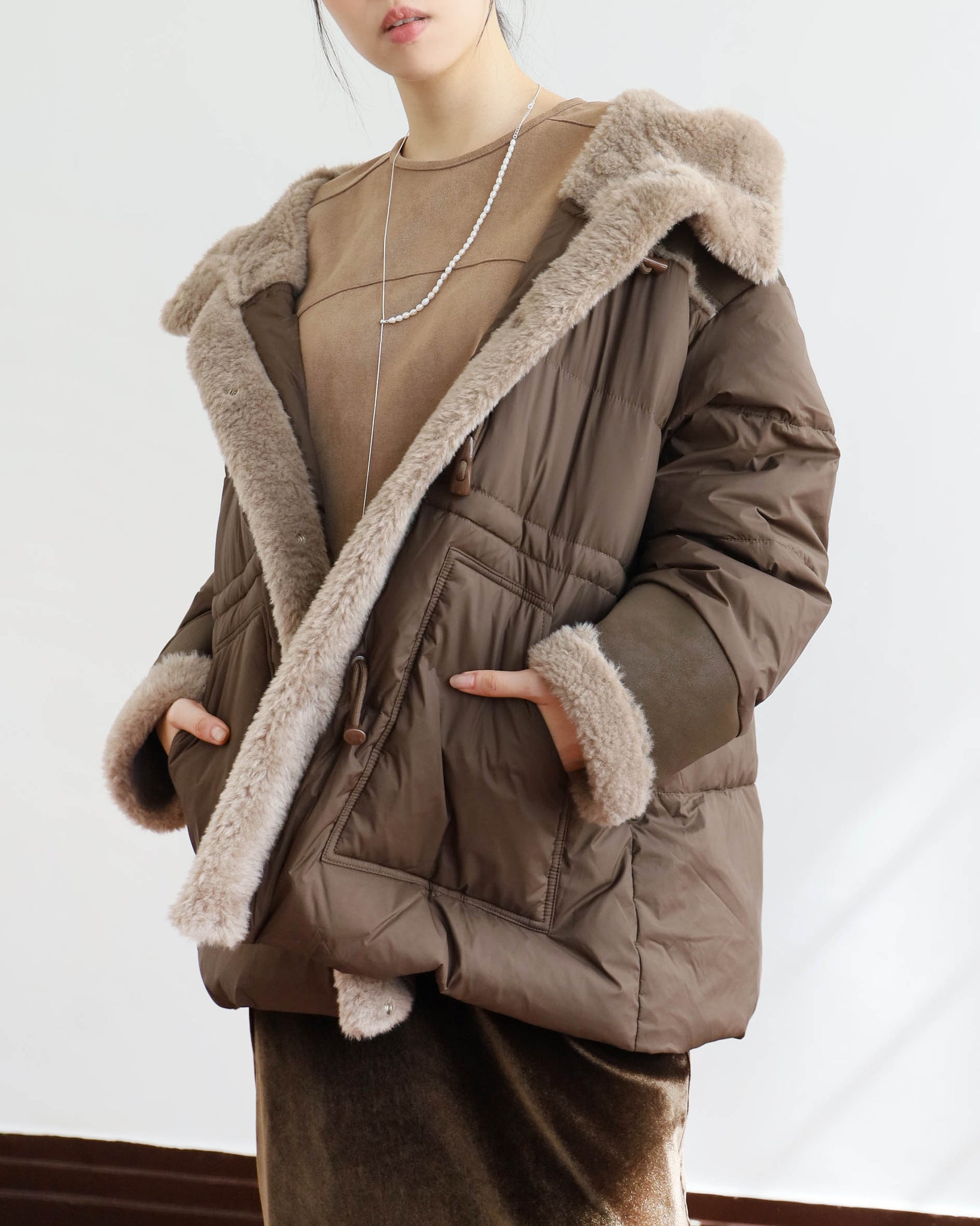 Faux Shearling Trim Down Jacket (3 Color)