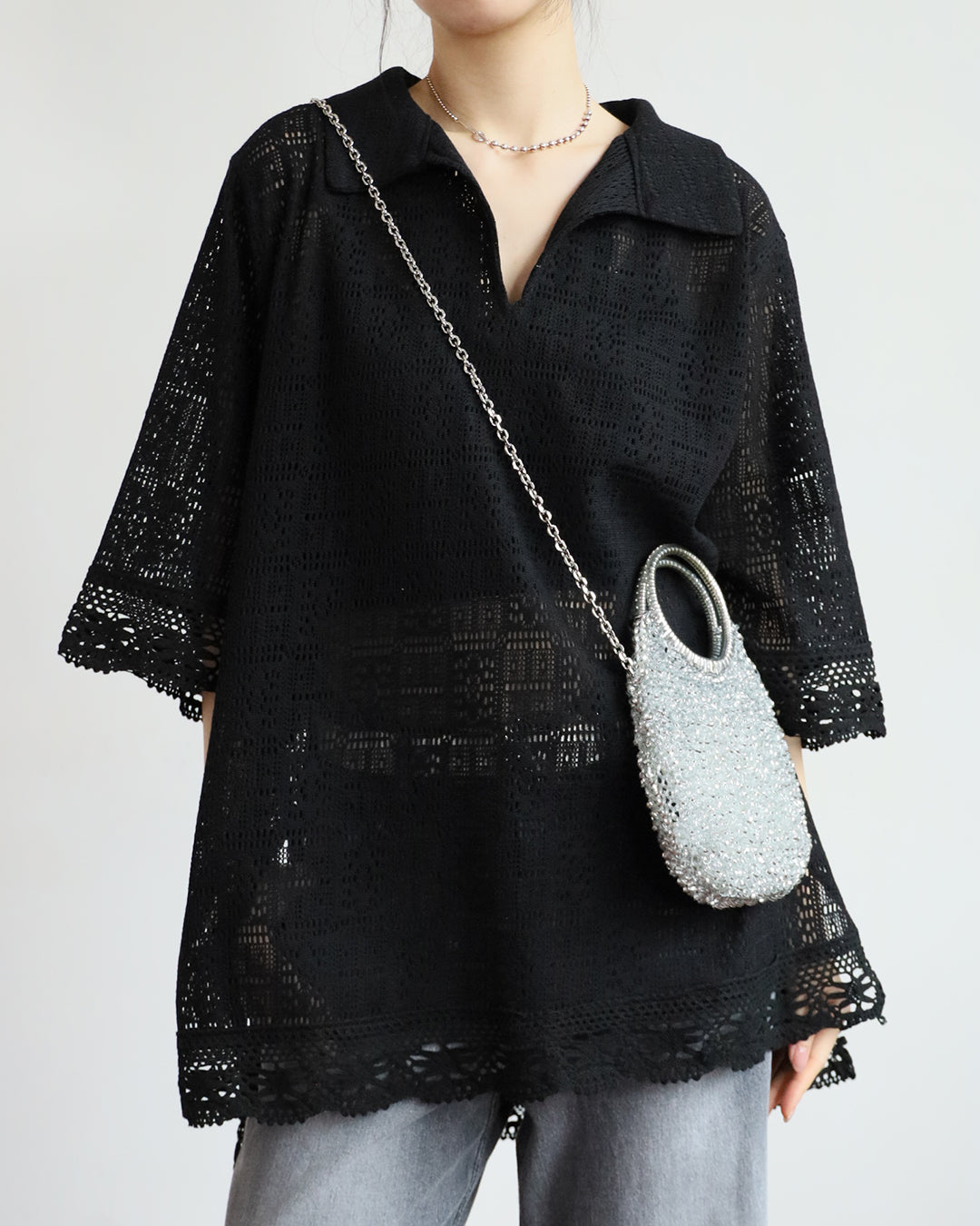 Lace Trim Crochet Polo Shirt (2 colors)