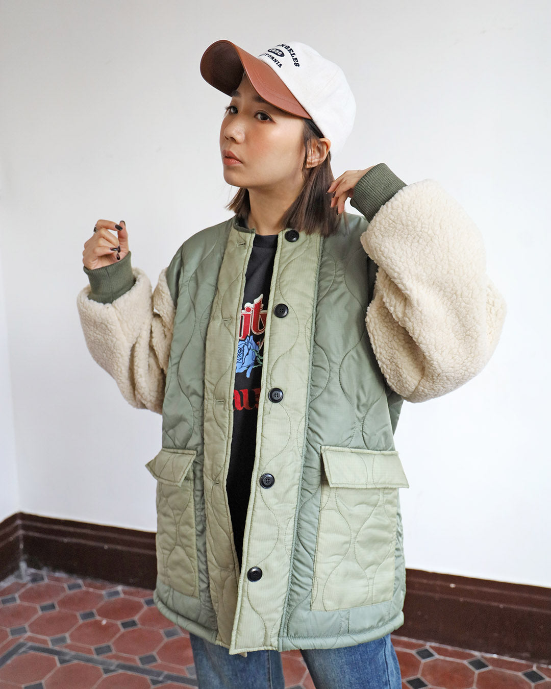 Shearling Sleeve Quilted Jacket