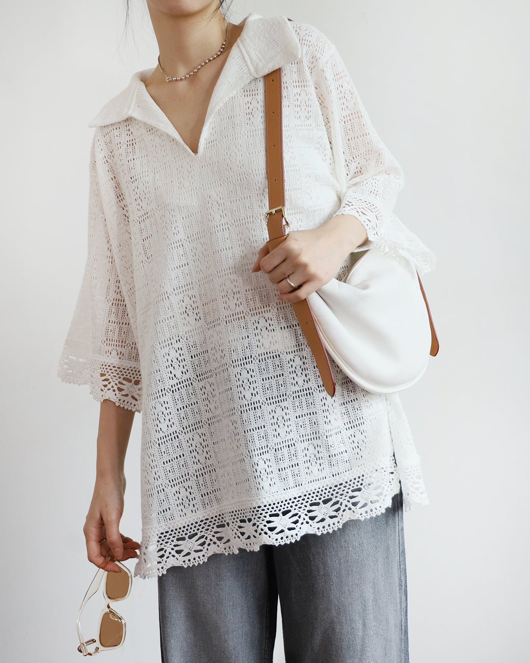 Lace Trim Crochet Polo Shirt (2 colors)