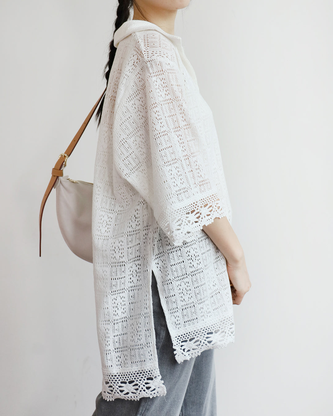 Lace Trim Crochet Polo Shirt (2 colors)
