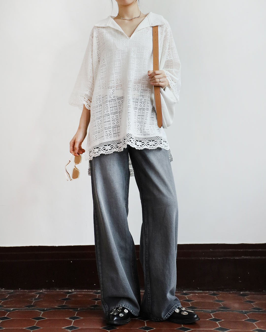 Lace Trim Crochet Polo Shirt (2 colors)