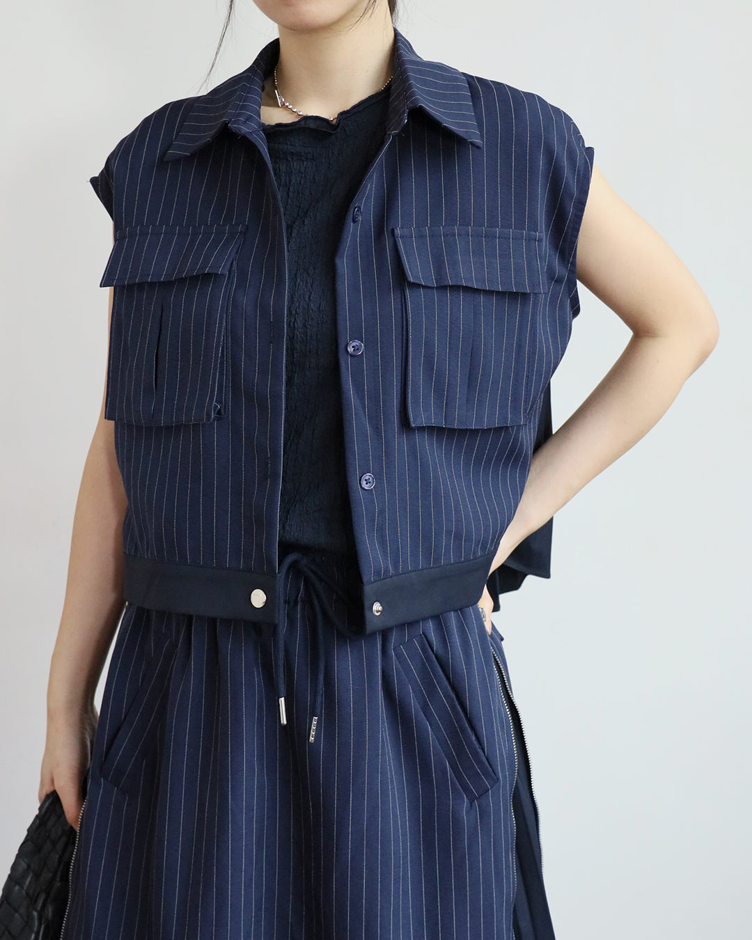 Pinstripe Pleated Vest Jacket + Skirt (Set)