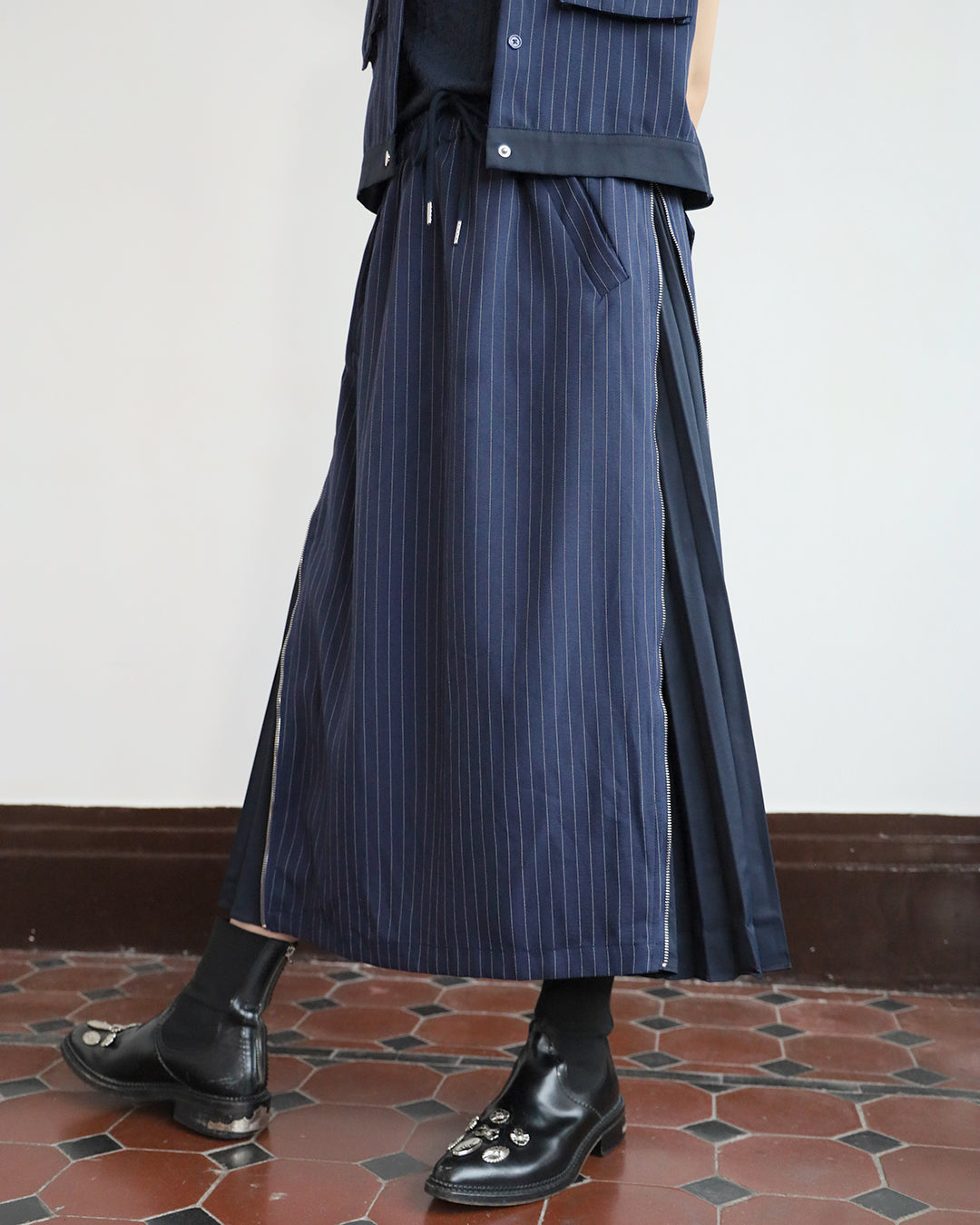 Pinstripe Pleated Vest Jacket + Skirt (Set)