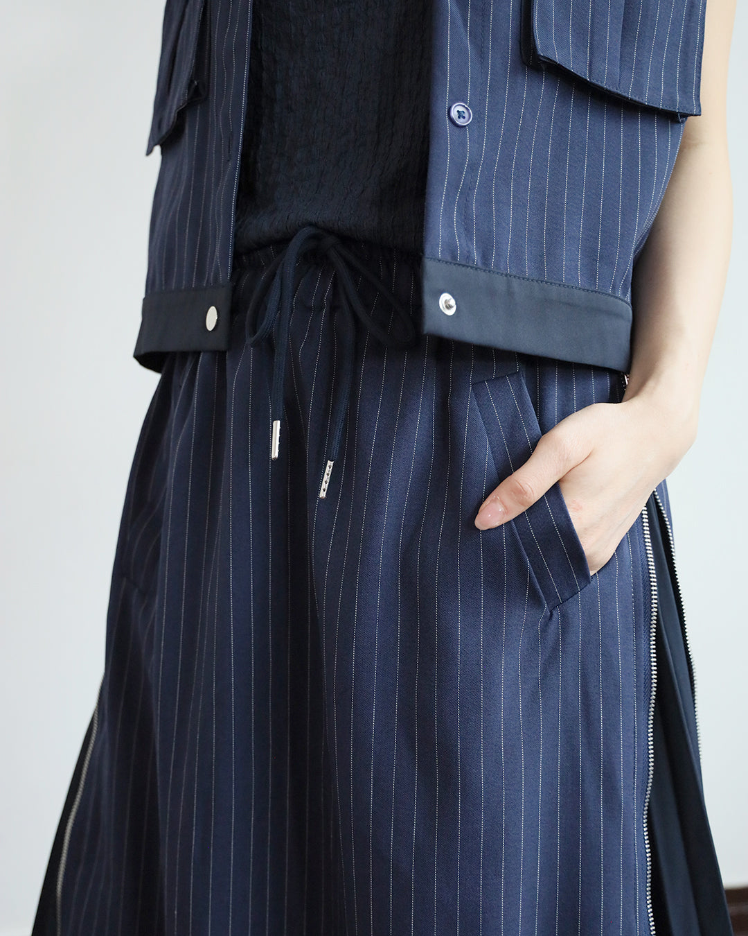 Pinstripe Pleated Vest Jacket + Skirt (Set)