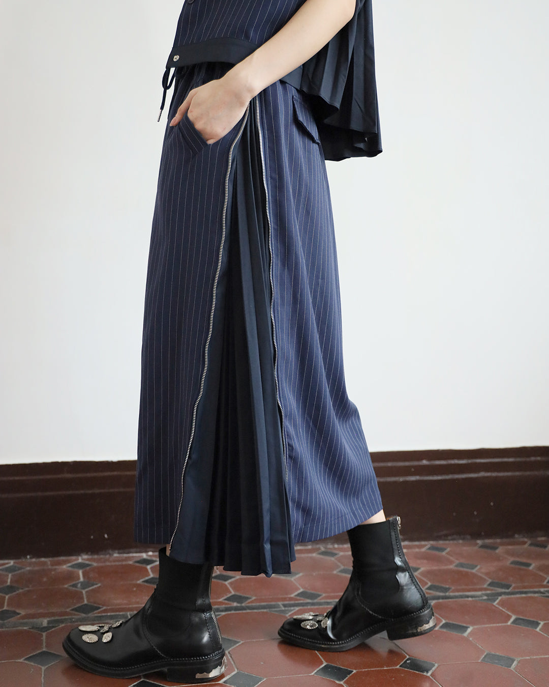 Pinstripe Pleated Vest Jacket + Skirt (Set)