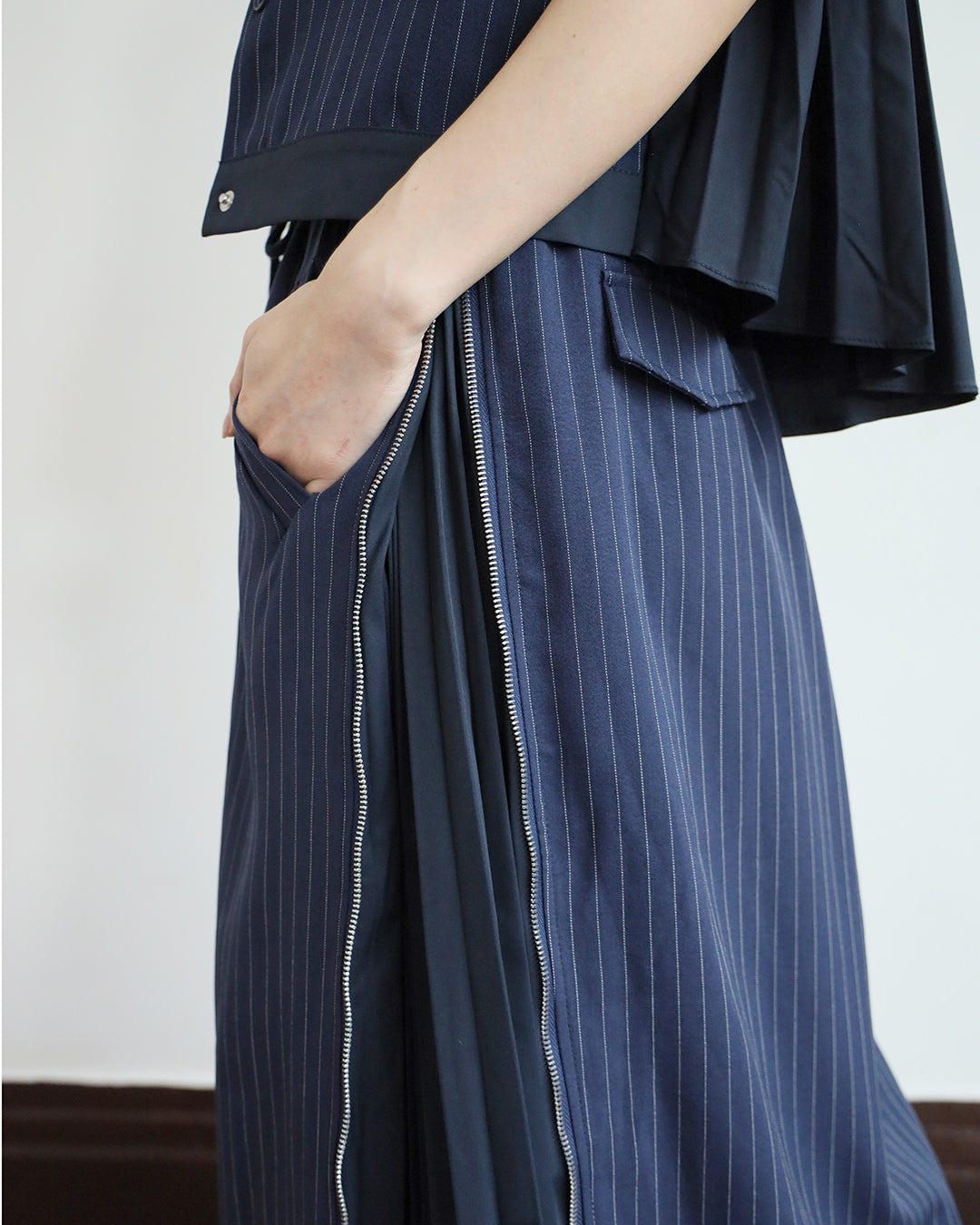Pinstripe Pleated Vest Jacket + Skirt (Set)