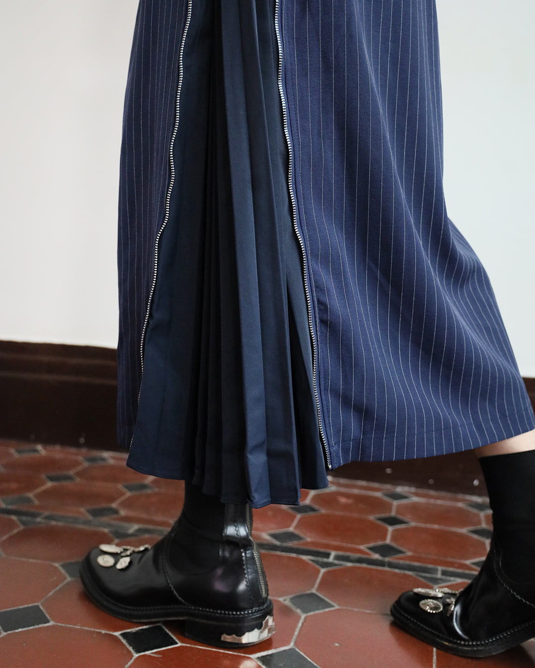 Pinstripe Pleated Vest Jacket + Skirt (Set)