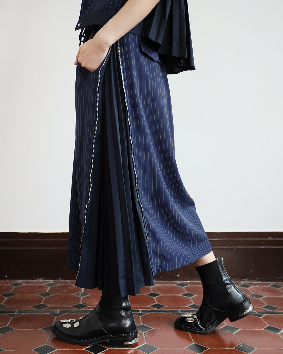Pinstripe Pleated Vest Jacket + Skirt (Set)