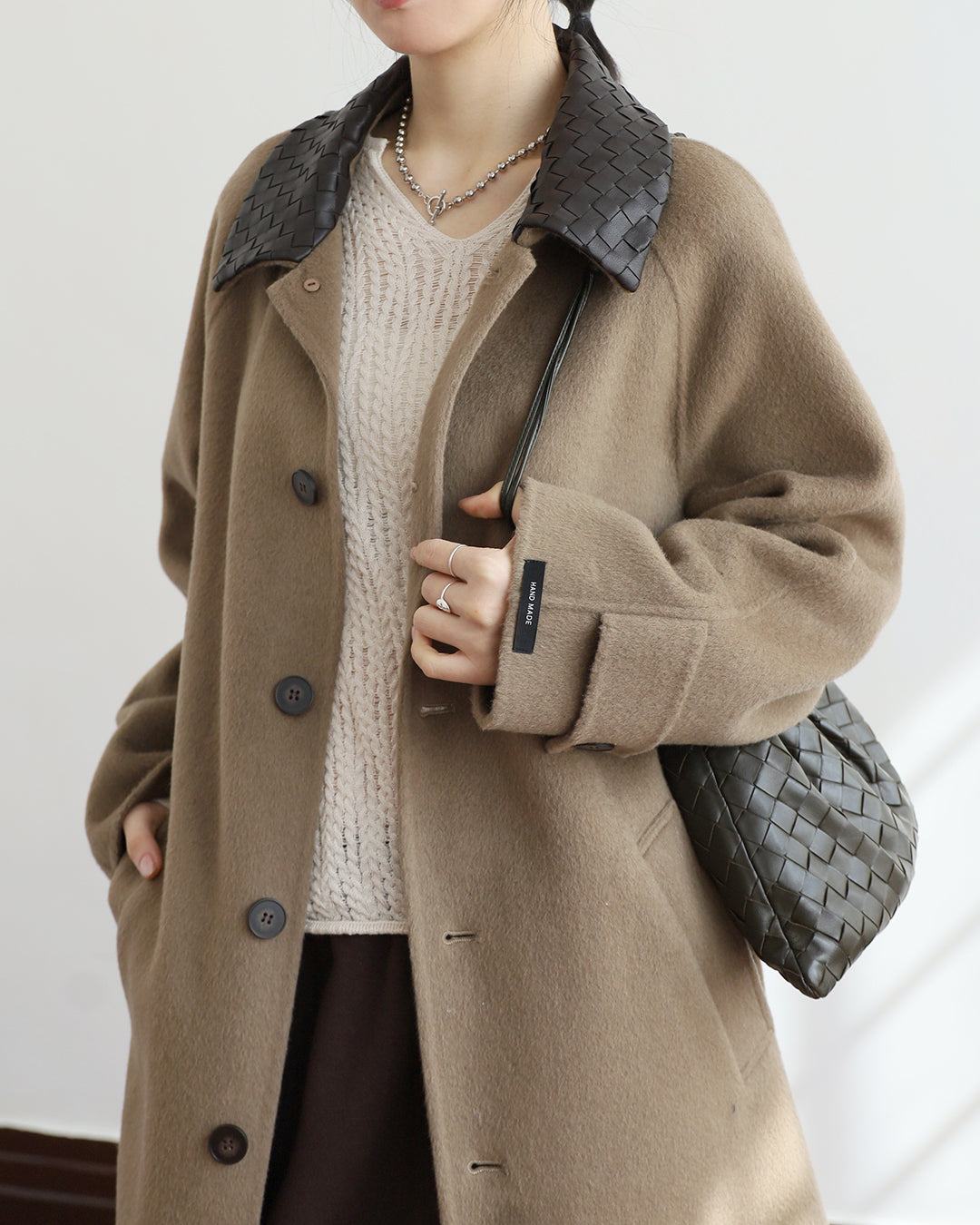 Leather Collar Cashmere Coat