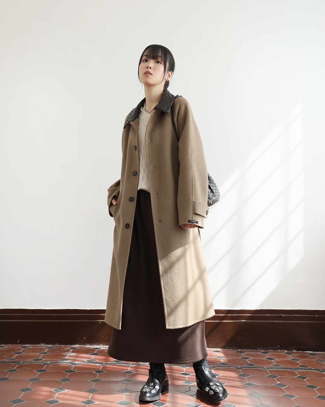 Leather Collar Cashmere Coat