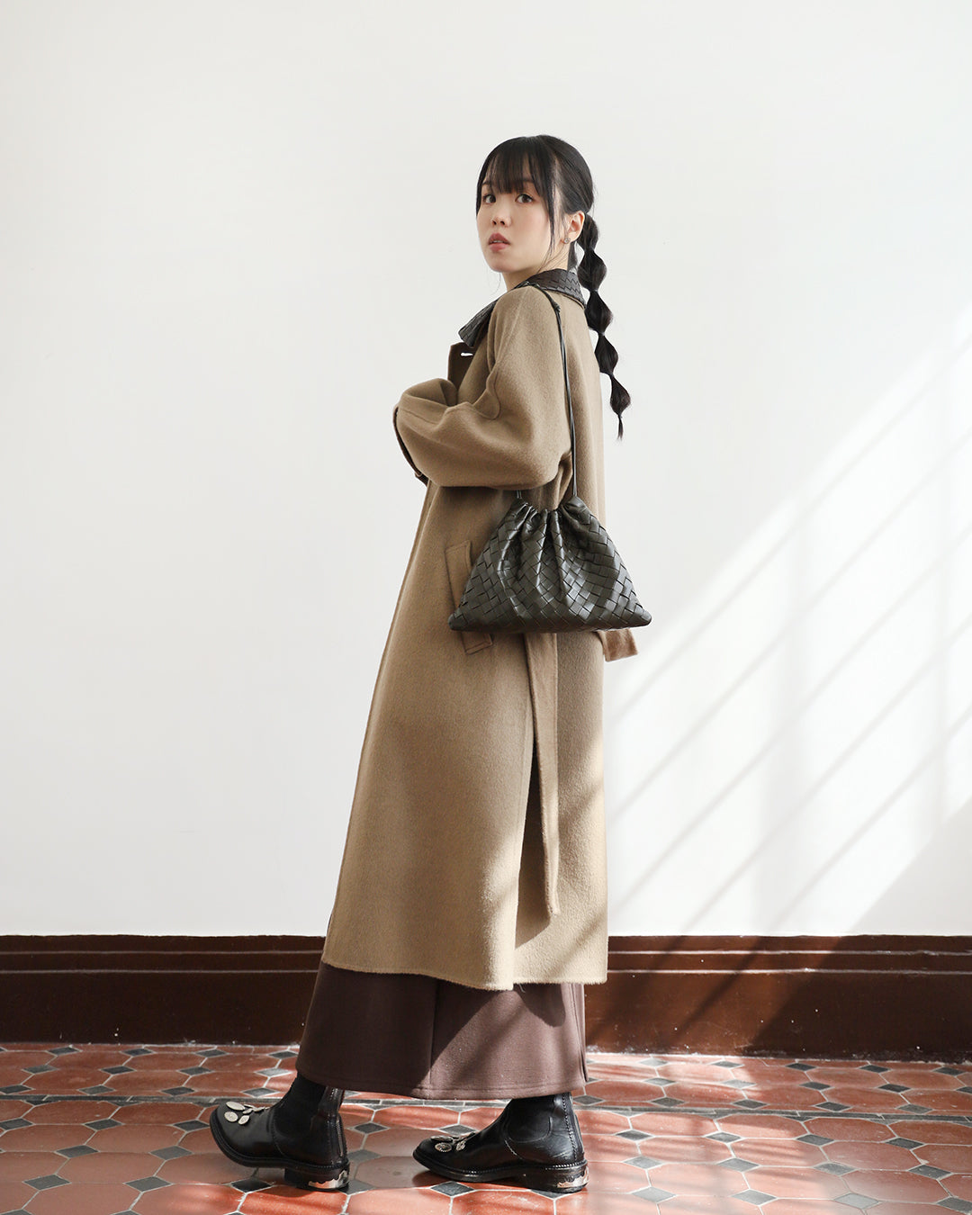 Leather Collar Cashmere Coat