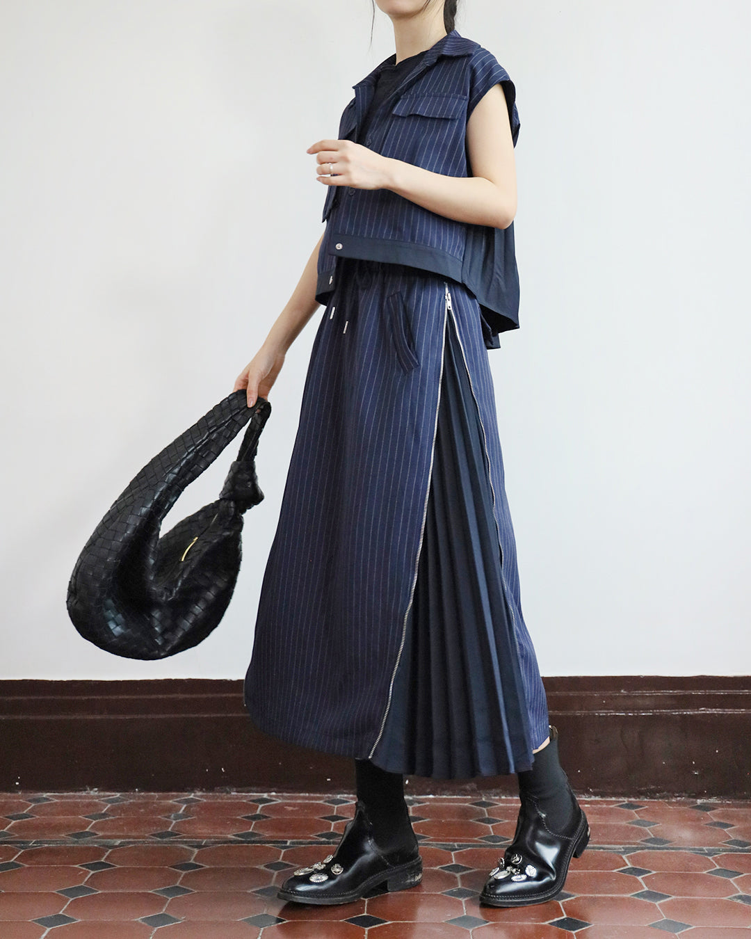 Pinstripe Pleated Vest Jacket + Skirt (Set)