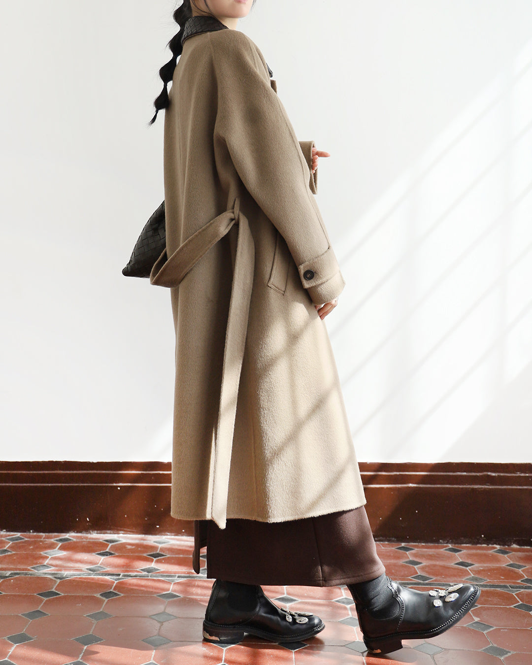 Leather Collar Cashmere Coat